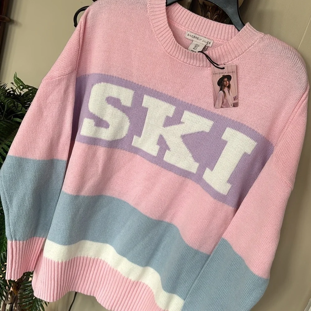 NWT Sincerely Jules Knit Pink Pastel Ski Sweater Crew Neck Oversized Stripes